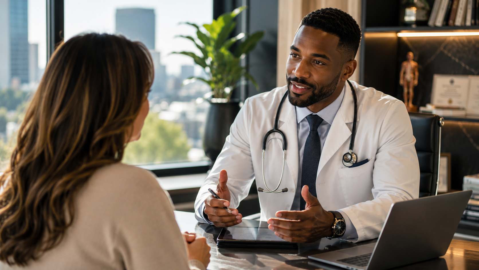 Clinician consulting with a patient in an office